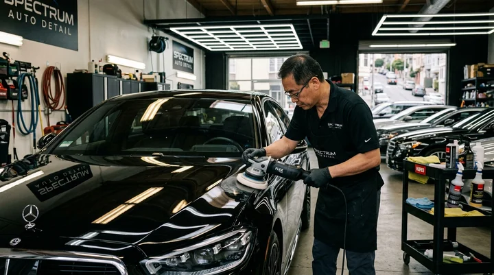 Expert automotive detailer performing fine paint correction and polish at Lombard Auto Body in San Francisco
