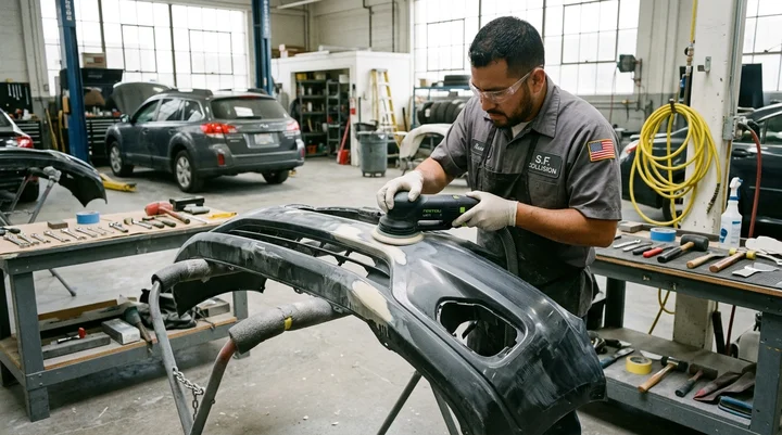 Technician repairing and precision-sanding a front bumper cover in a collision facility at Lombard Auto Body in San Francisco