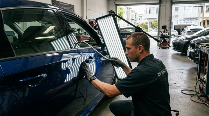 PDR technician using precision reflection light board to repair door crease at Lombard Auto Body in San Francisco