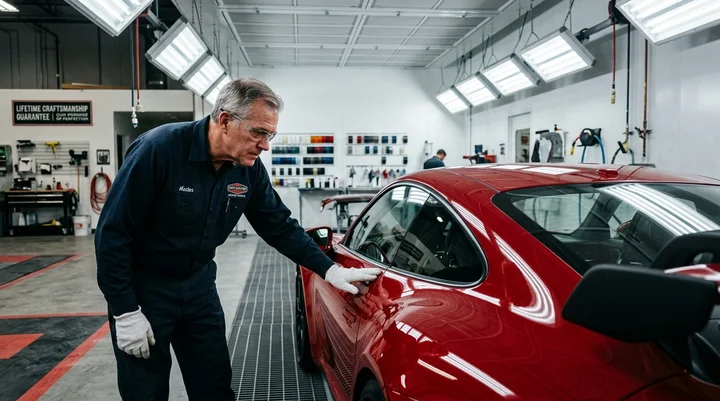 Master painter inspecting automotive clearcoat and paint finish under inspection lights at Lombard Auto Body